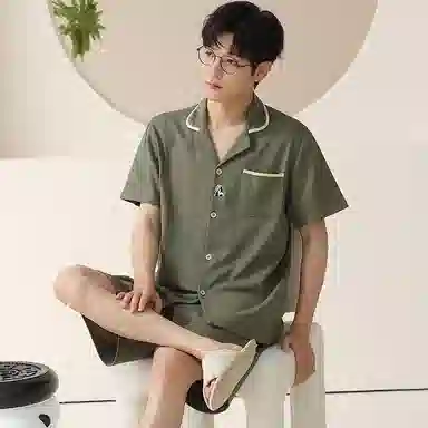 兰缪 休闲翻领纯色短袖上衣可外穿家居服五分裤睡衣套装 男款 图片色