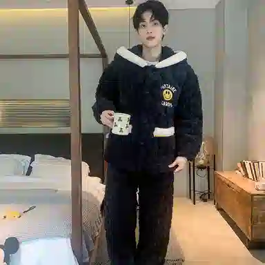 兰缪 男士秋冬季珊瑚绒加绒加厚三层夹棉冬天保暖可外穿家居服睡衣套装 男款