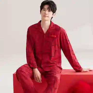 兰缪 喜庆翻领亲肤舒适长袖长裤家居服睡衣套装 男款 图片色