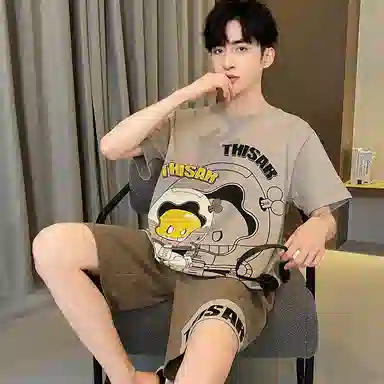 兰缪 莫代尔薄款休闲凉感短袖舒适透气亲肤短裤家居服睡衣套装 男款 图色