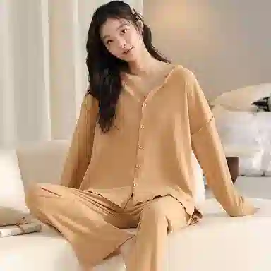 兰缪 简约亲肤舒适带胸垫一体防凸点长袖可外穿休闲长裤睡衣套装 女款 杏色