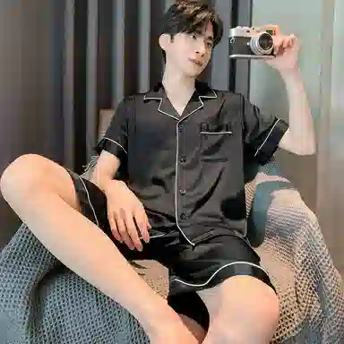 兰缪 夏季冰丝短袖时尚休闲短裤睡衣套装 男款 黑色