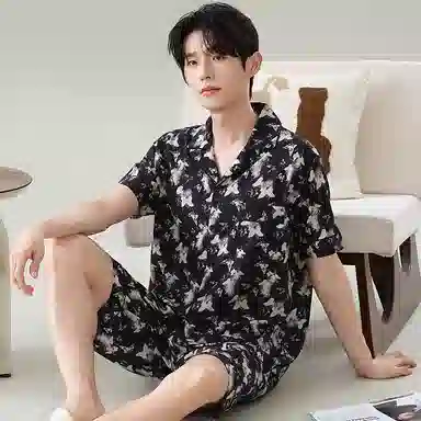 兰缪 可外穿冰丝短袖短裤青年薄款家居服睡衣套装 男款