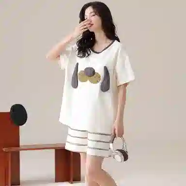 兰缪 纯棉短袖短裤带胸垫甜美学生网红风家居服睡衣套装 女款