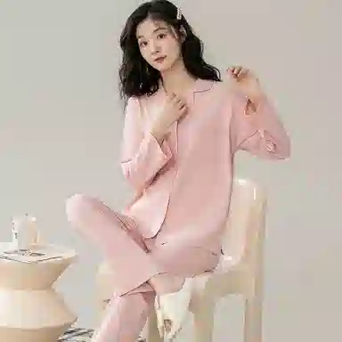 兰缪 带胸垫长袖长裤纯棉简约休闲可外穿睡衣套装 女款 粉色