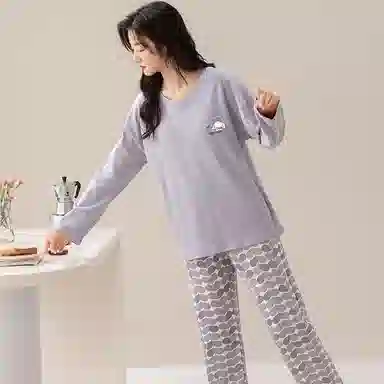 兰缪 带胸垫一体女士春秋季夏天长袖纯棉少女生家居服 睡衣套装 女款