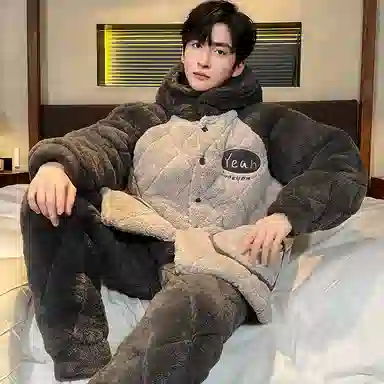 兰缪 加厚青少年保暖休闲长袖长裤家居服睡衣套装 男款 图片色