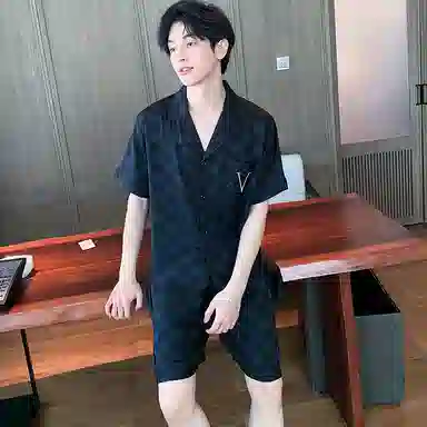 兰缪 翻领休闲短袖松紧腰短裤睡衣套装 男款 黑色