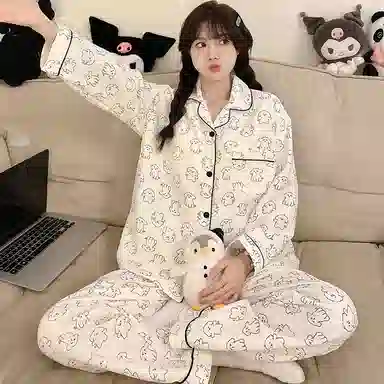 兰缪 简约亲肤舒适带胸垫一体防凸点长袖可外穿休闲长裤睡衣套装 女款 杏色