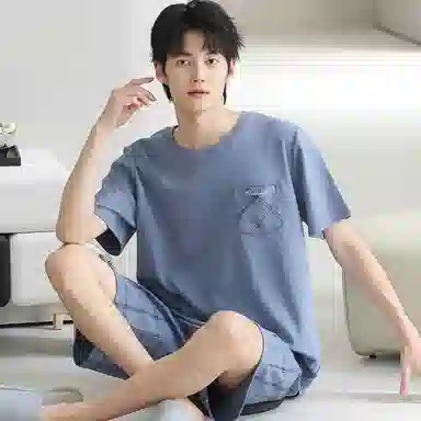 兰缪 舒适圆领短袖上衣亲肤短裤可外穿家居服长裤睡衣套装 男款 图片色