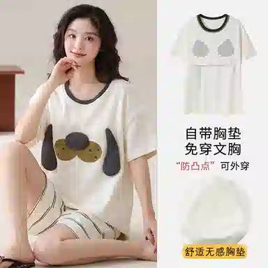 兰缪 纯棉短袖短裤带胸垫甜美学生网红风家居服睡衣套装 女款