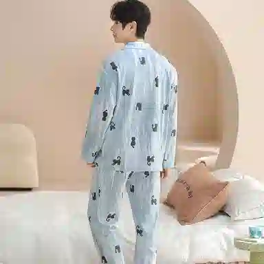 兰缪 纯棉男士春夏秋季宽松长袖长裤青少年可外穿大码家居服睡衣套装 男款