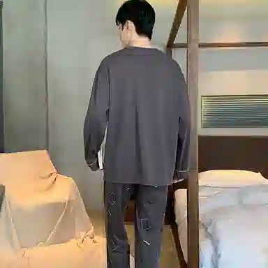 兰缪 纯棉圆领套头长袖长裤睡衣套装 男款 深灰