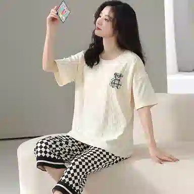 兰缪 亲肤卡通简约短袖七分裤可外穿家居服睡衣套装 女款 图片色