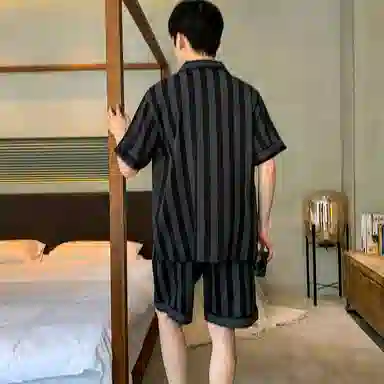 兰缪 休闲时尚条纹翻领短袖上衣松紧腰短裤睡衣套装 男款 黑色