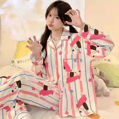 兰缪 简约亲肤舒适带胸垫一体防凸点长袖可外穿休闲长裤睡衣套装 女款 杏色