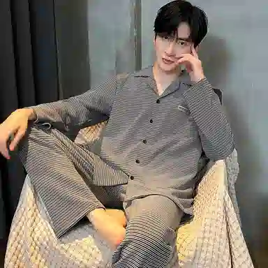 兰缪 加厚发热长袖舒适亲肤条纹睡衣套装 男款 图色