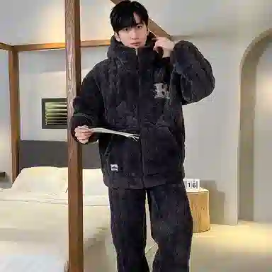 兰缪 连帽三层夹棉袄保暖家居服长袖长裤睡衣套装 男款 图片色