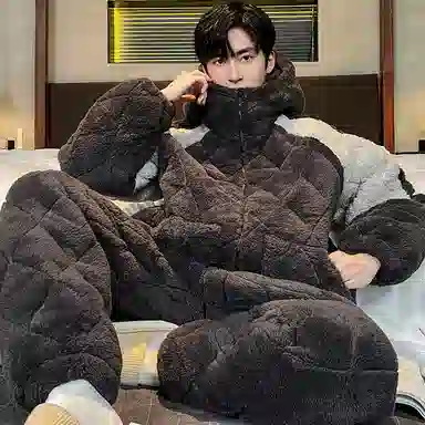 兰缪 保暖连帽简约舒适长袖长裤家居睡衣套装 男款 深灰色