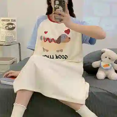 兰缪 带胸垫薄款宽松圆领套头中长款短袖睡裙 女款 图片色