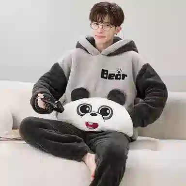 兰缪 加厚保暖连帽可外穿舒适亲肤睡衣套装 男款 图片色