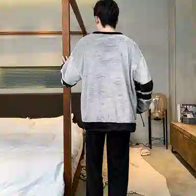 兰缪 亲肤舒适长袖长裤保暖圆领可外穿家居服睡衣套装 男款 图片色