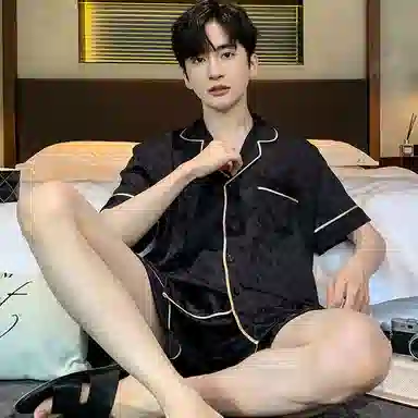 兰缪 夏季冰丝短袖时尚休闲短裤睡衣套装 男款 黑色