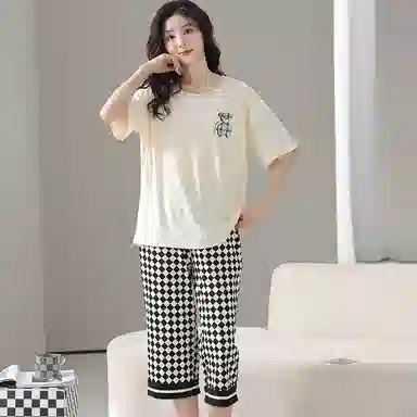 兰缪 亲肤卡通简约短袖七分裤可外穿家居服睡衣套装 女款 图片色