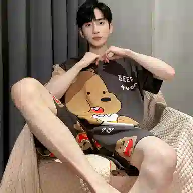 兰缪 纯棉卡通小熊印花舒适圆领套头短袖松紧短裤睡衣套装 男款 图片色