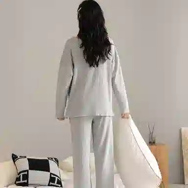 兰缪 简约亲肤舒适带胸垫一体防凸点长袖可外穿休闲长裤睡衣套装 女款 杏色