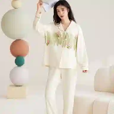 兰缪 可外穿翻领长袖上衣家居服长裤睡衣套装 女款 图片色