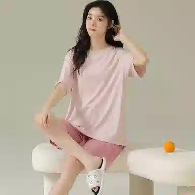 兰缪 凉感自带胸垫舒适短袖三分裤睡衣套装 女款 图片色