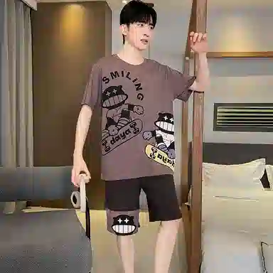兰缪 薄款卡通印花圆领套头短袖松紧短裤睡衣套装 男款 深灰色