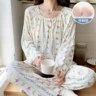 兰缪 皱布带胸垫一体圆领套头长袖长裤可爱甜美睡衣套装 女款 白色