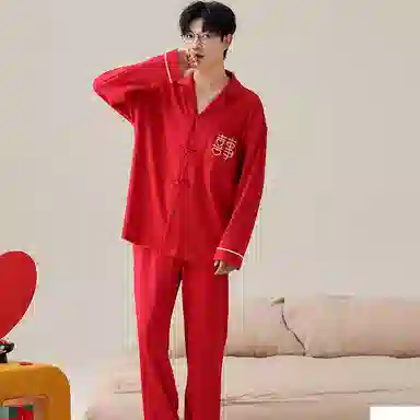 兰缪 休闲纯色喜庆长袖开衫长裤睡衣套装 男款 红色