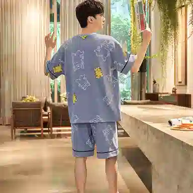 兰缪 袖亲肤短袖简约透气短裤睡衣套装 男款 蓝色