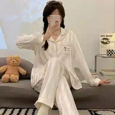 兰缪 花卉口袋带胸垫翻领上衣速干条纹凉感长裤睡衣套装 女款 杏色