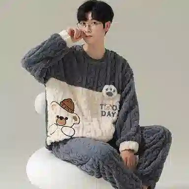 兰缪 新婚喜庆珊瑚绒加绒加厚本命年保暖长袖长裤睡衣套装 男款 红色