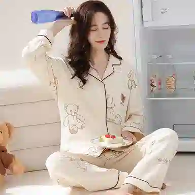 兰缪 开衫长袖仿制满印长裤睡衣套装 女款 杏色