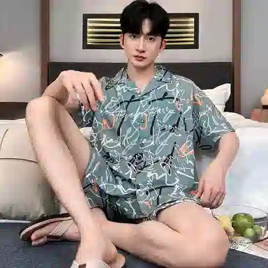 兰缪 凉感冰丝男士夏季短袖薄款夏天青少年男生家居服睡衣套装 男款