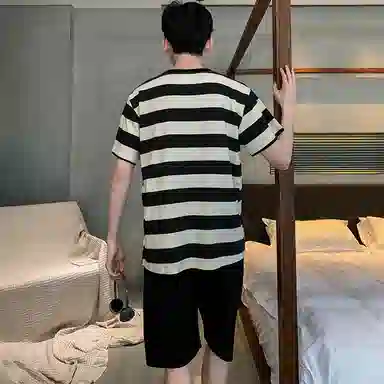 兰缪 简约亲肤舒适条纹圆领短袖凉感休闲家居可外穿纯色短裤睡衣套装 男款 黑色