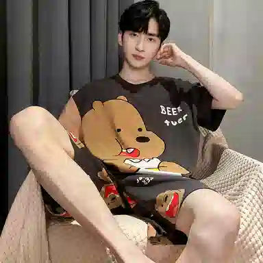 兰缪 纯棉卡通小熊印花舒适圆领套头短袖松紧短裤睡衣套装 男款 图片色