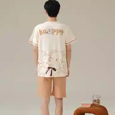 兰缪 亲肤舒适短袖上衣可外穿家居服五分裤睡衣套装 男款 图片色