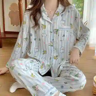 兰缪 带胸垫舒适透气长袖长裤家居服睡衣套装 女款 图色