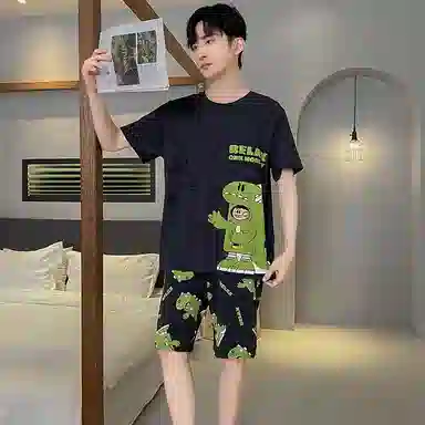 兰缪 卡通恐龙印花圆领套头短袖松紧短裤睡衣套装 男款 黑色