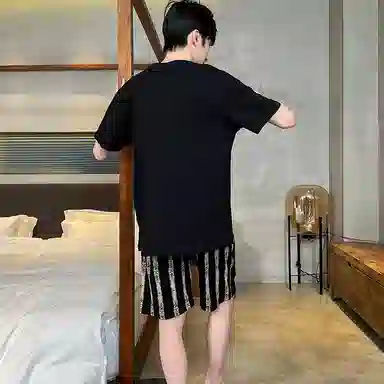 兰缪 休闲条纹舒适短袖五分裤睡衣套装 男款 图片色