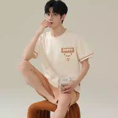 兰缪 亲肤舒适短袖上衣可外穿家居服五分裤睡衣套装 男款 图片色