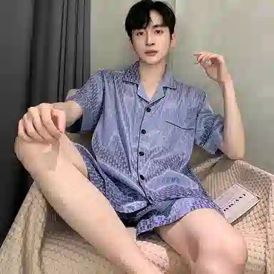 兰缪 简约休闲凉感可外穿翻领短袖上衣松紧腰亲肤舒适家居短裤睡衣套装 男款 蓝色