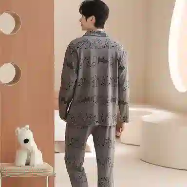 兰缪 翻领开衫可外穿男春夏秋款纯棉长袖男生薄款家居服睡衣套装 男款