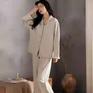 兰缪 舒适透气带胸垫长袖长裤可外穿家居服睡衣套装 女款 图色